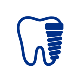 Outline of a molar tooth with a blue dental implant screw integrated into the right side, symbolizing dental implants.